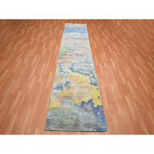 Load image into Gallery viewer, 3&#39;x12&#39; Gray with Pastel Color Shades, Modern Design, Pure Silk, Shaved Low, Hand Knotted, Runner, Oriental Rug FWR453942