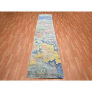 3'x12' Gray with Pastel Color Shades, Modern Design, Pure Silk, Shaved Low, Hand Knotted, Runner, Oriental Rug FWR453942