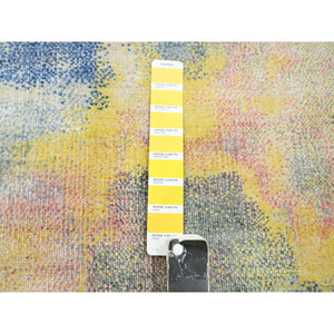 3'x12' Gray with Pastel Color Shades, Modern Design, Pure Silk, Shaved Low, Hand Knotted, Runner, Oriental Rug FWR453942