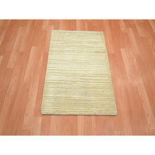 Load image into Gallery viewer, 2&#39;x3&#39; Beige With Warm Tones, Plain Line Design, Silk With Oxidized Wool, Textured Pile, Hand Knotted, Sample, Mat, Oriental Rug FWR453978