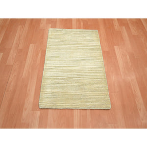 2'x3' Beige With Warm Tones, Plain Line Design, Silk With Oxidized Wool, Textured Pile, Hand Knotted, Sample, Mat, Oriental Rug FWR453978