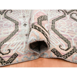 10'x14'2" Rose Pink, Ikat Design With Geometric Pattern, Wool And Silk, Hand Knotted, Oriental Rug FWR454056