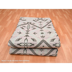 10'x14'2" Rose Pink, Ikat Design With Geometric Pattern, Wool And Silk, Hand Knotted, Oriental Rug FWR454056