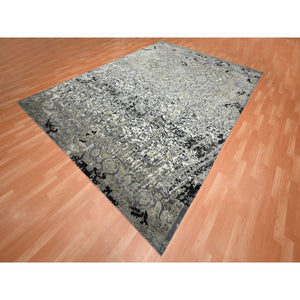 9'x12'2" Charcoal Gray with Black, Broken and Erased Persian Design, Wool and Real Silk, Hand Knotted, Oriental Rug FWR454080