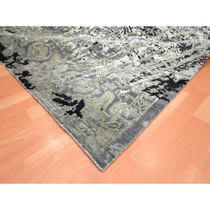 9'x12'2" Charcoal Gray with Black, Broken and Erased Persian Design, Wool and Real Silk, Hand Knotted, Oriental Rug FWR454080