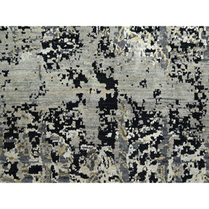 9'x12'2" Charcoal Gray with Black, Broken and Erased Persian Design, Wool and Real Silk, Hand Knotted, Oriental Rug FWR454080