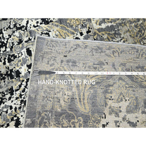 9'x12'2" Charcoal Gray with Black, Broken and Erased Persian Design, Wool and Real Silk, Hand Knotted, Oriental Rug FWR454080