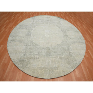 10'x10' Oyster White, Jewelry Design, Wool and Silk, Hand Knotted, Round, Oriental Rug FWR454086