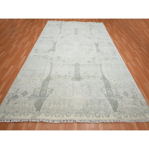 8'10"x12' Alabaster White, Jewelry Design, Wool and Silk, Hand Knotted, Densely Woven, Oriental Rug FWR454092