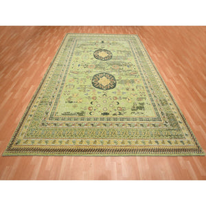 9'x12'1" Shades Of Green, Khotan Design, 100% Wool, Shaved Low, Hand Knotted, Densely Woven, Oriental Rug FWR454104