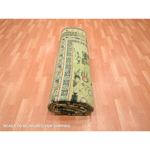 9'x12'1" Shades Of Green, Khotan Design, 100% Wool, Shaved Low, Hand Knotted, Densely Woven, Oriental Rug FWR454104