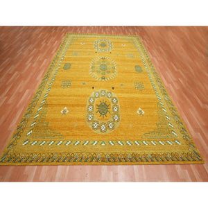 9'x12'4" Golden Yellow, Khotan Design, Hand Knotted, 100% Wool, Shaved Low, Densely Woven, Oriental Rug FWR454110