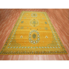 Load image into Gallery viewer, 9&#39;x12&#39;4&quot; Golden Yellow, Khotan Design, Hand Knotted, 100% Wool, Shaved Low, Densely Woven, Oriental Rug FWR454110