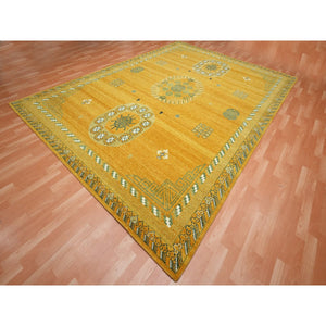 9'x12'4" Golden Yellow, Khotan Design, Hand Knotted, 100% Wool, Shaved Low, Densely Woven, Oriental Rug FWR454110