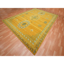 Load image into Gallery viewer, 9&#39;x12&#39;4&quot; Golden Yellow, Khotan Design, Hand Knotted, 100% Wool, Shaved Low, Densely Woven, Oriental Rug FWR454110