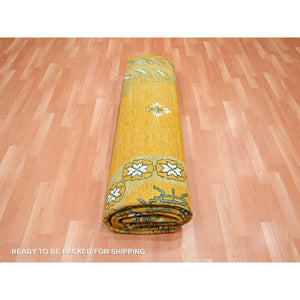 9'x12'4" Golden Yellow, Khotan Design, Hand Knotted, 100% Wool, Shaved Low, Densely Woven, Oriental Rug FWR454110
