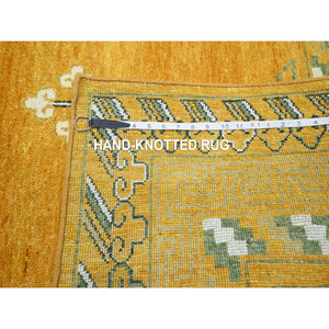 9'x12'4" Golden Yellow, Khotan Design, Hand Knotted, 100% Wool, Shaved Low, Densely Woven, Oriental Rug FWR454110
