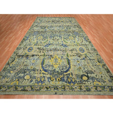 Load image into Gallery viewer, 10&#39;1&quot;x14&#39;1&quot; Sage Green, Broken And Erased Persian Inspired With Birds Design, Distinct Abrash, Shaved Low, Hand Knotted, Pure Wool, Oriental Rug FWR454116