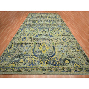 10'1"x14'1" Sage Green, Broken And Erased Persian Inspired With Birds Design, Distinct Abrash, Shaved Low, Hand Knotted, Pure Wool, Oriental Rug FWR454116