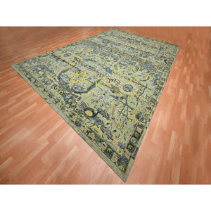 10'1"x14'1" Sage Green, Broken And Erased Persian Inspired With Birds Design, Distinct Abrash, Shaved Low, Hand Knotted, Pure Wool, Oriental Rug FWR454116