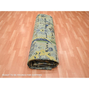 10'1"x14'1" Sage Green, Broken And Erased Persian Inspired With Birds Design, Distinct Abrash, Shaved Low, Hand Knotted, Pure Wool, Oriental Rug FWR454116