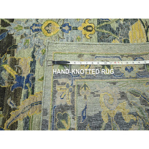 10'1"x14'1" Sage Green, Broken And Erased Persian Inspired With Birds Design, Distinct Abrash, Shaved Low, Hand Knotted, Pure Wool, Oriental Rug FWR454116