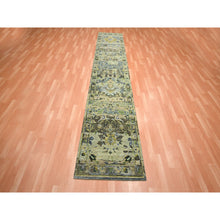 Load image into Gallery viewer, 2&#39;6&quot;x12&#39;4&quot; Laurel Green, Broken And Erased Persian Inspired With Birds Design, Hand Knotted, Distinct Abrash, Shaved Low, 100% Wool, Runner, Oriental Rug FWR454122