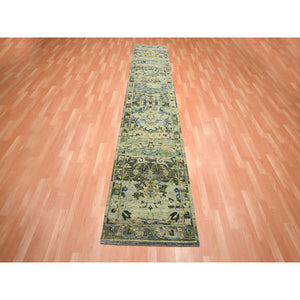 2'6"x12'4" Laurel Green, Broken And Erased Persian Inspired With Birds Design, Hand Knotted, Distinct Abrash, Shaved Low, 100% Wool, Runner, Oriental Rug FWR454122
