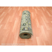 Load image into Gallery viewer, 2&#39;6&quot;x12&#39;4&quot; Laurel Green, Broken And Erased Persian Inspired With Birds Design, Hand Knotted, Distinct Abrash, Shaved Low, 100% Wool, Runner, Oriental Rug FWR454122