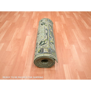 2'6"x12'4" Laurel Green, Broken And Erased Persian Inspired With Birds Design, Hand Knotted, Distinct Abrash, Shaved Low, 100% Wool, Runner, Oriental Rug FWR454122
