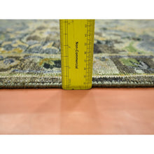 Load image into Gallery viewer, 2&#39;6&quot;x12&#39;4&quot; Laurel Green, Broken And Erased Persian Inspired With Birds Design, Hand Knotted, Distinct Abrash, Shaved Low, 100% Wool, Runner, Oriental Rug FWR454122