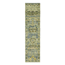 Load image into Gallery viewer, 2&#39;7&quot;x10&#39;5&quot; Swamp Green, Broken and Erased Persian Inspired with Birds Design, Distinct Abrash, Shaved Low, Hand Knotted, Pure Wool, Runner, Oriental Rug FWR454128