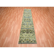 Load image into Gallery viewer, 2&#39;7&quot;x10&#39;5&quot; Swamp Green, Broken and Erased Persian Inspired with Birds Design, Distinct Abrash, Shaved Low, Hand Knotted, Pure Wool, Runner, Oriental Rug FWR454128
