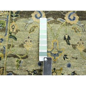 2'7"x10'5" Swamp Green, Broken and Erased Persian Inspired with Birds Design, Distinct Abrash, Shaved Low, Hand Knotted, Pure Wool, Runner, Oriental Rug FWR454128