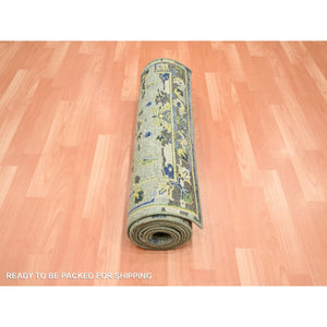 2'7"x10'5" Swamp Green, Broken and Erased Persian Inspired with Birds Design, Distinct Abrash, Shaved Low, Hand Knotted, Pure Wool, Runner, Oriental Rug FWR454128