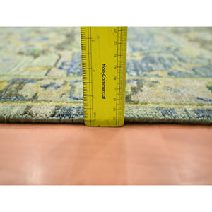2'7"x10'5" Swamp Green, Broken and Erased Persian Inspired with Birds Design, Distinct Abrash, Shaved Low, Hand Knotted, Pure Wool, Runner, Oriental Rug FWR454128