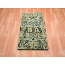 Load image into Gallery viewer, 2&#39;1&quot;x3&#39;6&quot; Olive Green, Broken And Erased Persian Inspired With Birds Design, Shaved Low, Distinct Abrash, Hand Knotted, Pure Wool, Sample, Mat, Oriental Rug FWR454134