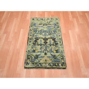 2'1"x3'6" Olive Green, Broken And Erased Persian Inspired With Birds Design, Shaved Low, Distinct Abrash, Hand Knotted, Pure Wool, Sample, Mat, Oriental Rug FWR454134
