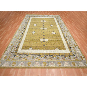 9'1"x12'1" Golden Yellow, Pinecone Design, 100% Wool, Hand Knotted, Shaved Low, Densely Woven, Oriental Rug FWR454152