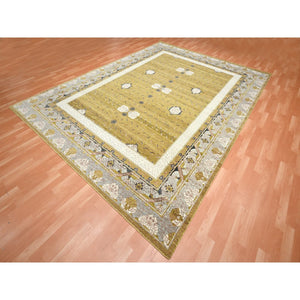 9'1"x12'1" Golden Yellow, Pinecone Design, 100% Wool, Hand Knotted, Shaved Low, Densely Woven, Oriental Rug FWR454152