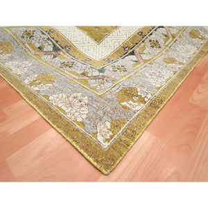 9'1"x12'1" Golden Yellow, Pinecone Design, 100% Wool, Hand Knotted, Shaved Low, Densely Woven, Oriental Rug FWR454152