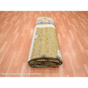 9'1"x12'1" Golden Yellow, Pinecone Design, 100% Wool, Hand Knotted, Shaved Low, Densely Woven, Oriental Rug FWR454152
