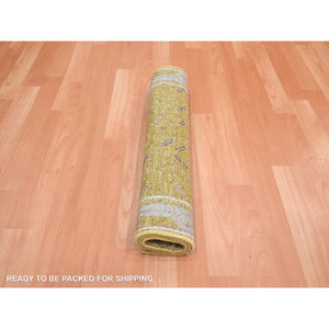 2'1"x3'1" Golden Yellow, Pinecone Design, Hand Knotted, Pure Wool, Shaved Low, Densely Woven, Mat, Sample, Oriental Rug FWR454158