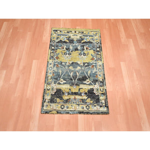 2'x3'3" Stone Blue with Yellow, Abrash Persian Design, Hand Knotted, 100% Wool, Shaved Low, Zero Pile, Mat, Sample, Oriental Rug FWR454188