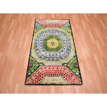 Load image into Gallery viewer, 3&#39;2&quot;x5&#39;2&quot; Parmesan Yellow, Colorful Mamluk Design, Hand Knotted, Sari Silk with Textured Wool, Oriental Rug FWR454212