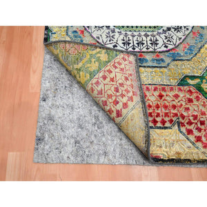 3'2"x5'2" Parmesan Yellow, Colorful Mamluk Design, Hand Knotted, Sari Silk with Textured Wool, Oriental Rug FWR454212