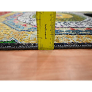 3'2"x5'2" Parmesan Yellow, Colorful Mamluk Design, Hand Knotted, Sari Silk with Textured Wool, Oriental Rug FWR454212