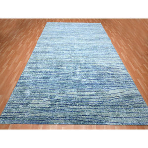 10'x14'2" Aqua Blue with a Mix of Teal, Wave Design, 100% Silk, Hand Knotted, Soft Pile, Oriental Rug FWR454218