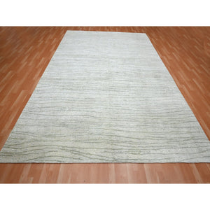 9'x12' Swan White, Modern, Wavy Design, Pure Silk, Hand Knotted, Lush and Plush, Oriental Rug FWR454230