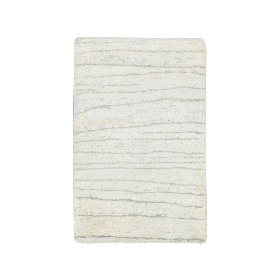 2'x3' Chiffon White, Modern, Wave Design, Pure Silk, Hand Knotted, Lush and Plush, Sample, Mat, Oriental Rug FWR454254